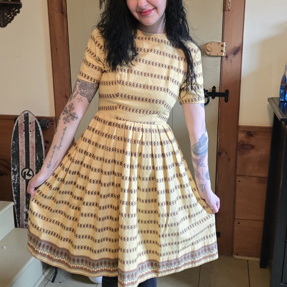 1950s Yellow Patterned Dress